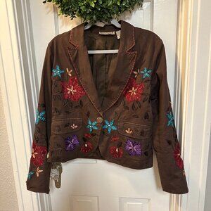 New Direction-Brown Women's Blazer w/ Multi-Colored Embroidery-Size Large